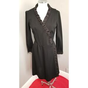 60s Vintage R&K Knit Black Wrap Dress with Satin Ruffle Trim - M